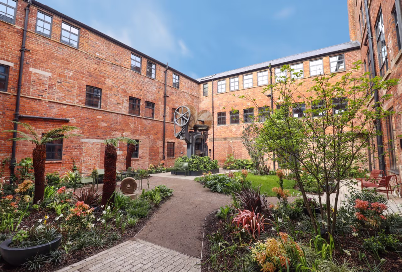 Lush green courtyard at a OllO Living community.